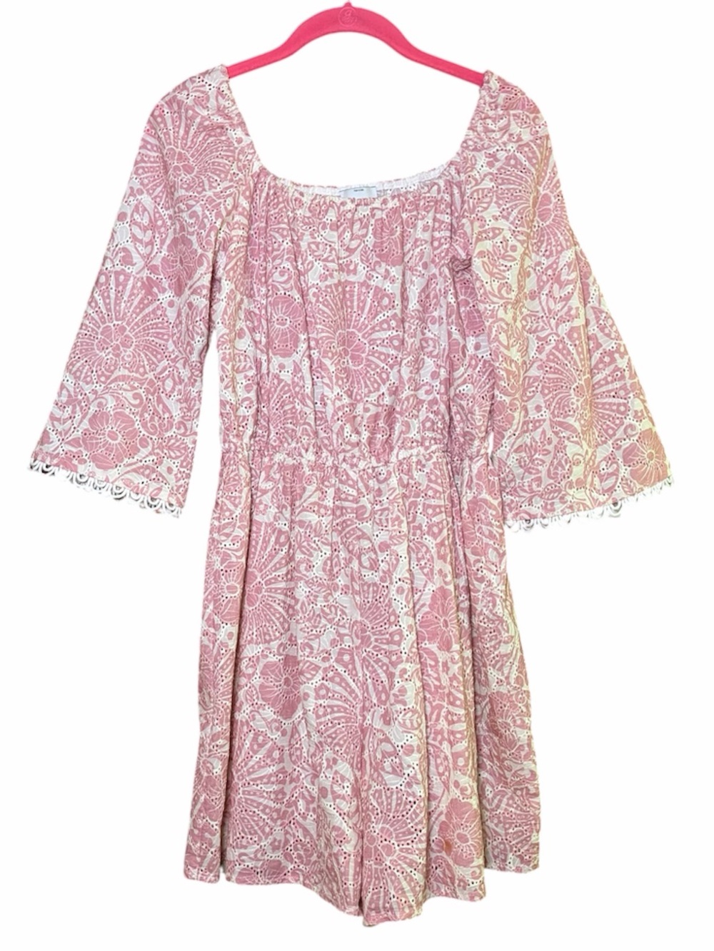 Sfizio Pink Floral Romper Bell Sleeve Fairycore Cottagecore Boho Mini Dress